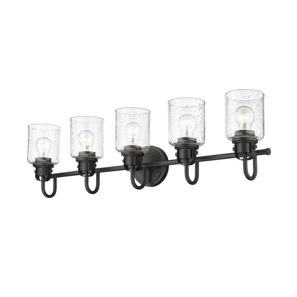 Kinsley 5 Light Vanity, Matte Black And Clear Seeded